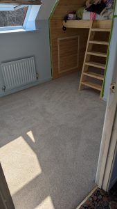 Carpeted bedroom with built-in bunk bed - Llanidloes flooring install